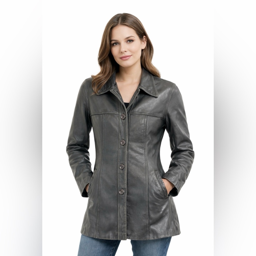 LUIS ALVEAR Women’s Black Leather 4 Button w/Pockets Coat Jacket (X-SMALL)